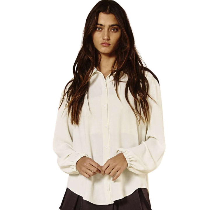 Bucket List Clothing Style# T1943 | Ladies Solid Dressy Button Down Top with Bubble Sleeves in Cream Color | Made in USA | Classy Cozy Cool American Made Women's Clothing Boutique