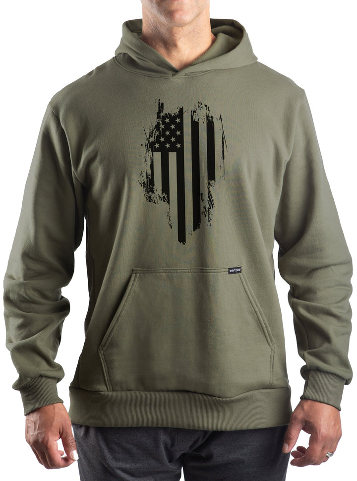 WSI Sportswear Men's Mid-Weight Fleece Hoodie with Patriotic Distressed American Flag Graphic Made in USA in Moss Green,  Loose Fit, Super comfortable and durable 14 ounce heavy-weight fleece, Built in hood and kangaroo pocket, Ribbed cuffs