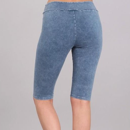 Ladies Mineral Washed Light Denim Knee Length Biker Shorts | Chatoyant Style# C30331 | Made in USA | Classy Cozy Cool Women's Made in America Boutique
