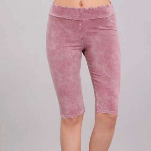 Ladies Mineral Washed Rose Denim Knee Length Biker Shorts | Chatoyant Style# C30331 | Made in USA | Classy Cozy Cool Women's Made in America Boutique