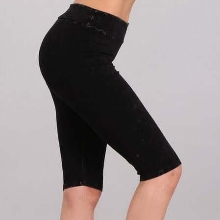 Ladies Mineral Washed Black Denim Knee Length Biker Shorts | Chatoyant Style# C30331 | Made in USA | Classy Cozy Cool Women's Made in America Boutique