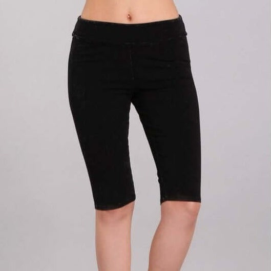 Ladies Mineral Washed Black Denim Knee Length Biker Shorts | Chatoyant Style# C30331 | Made in USA | Classy Cozy Cool Women's Made in America Boutique