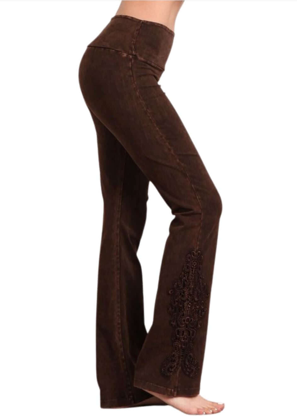 Chatoyant Mineral Washed Boot Cut Jeggings with Crochet Detail Hem Style# C30372 | Women's Fashion Clothing made in USA | Classy Cozy Cool Boutique