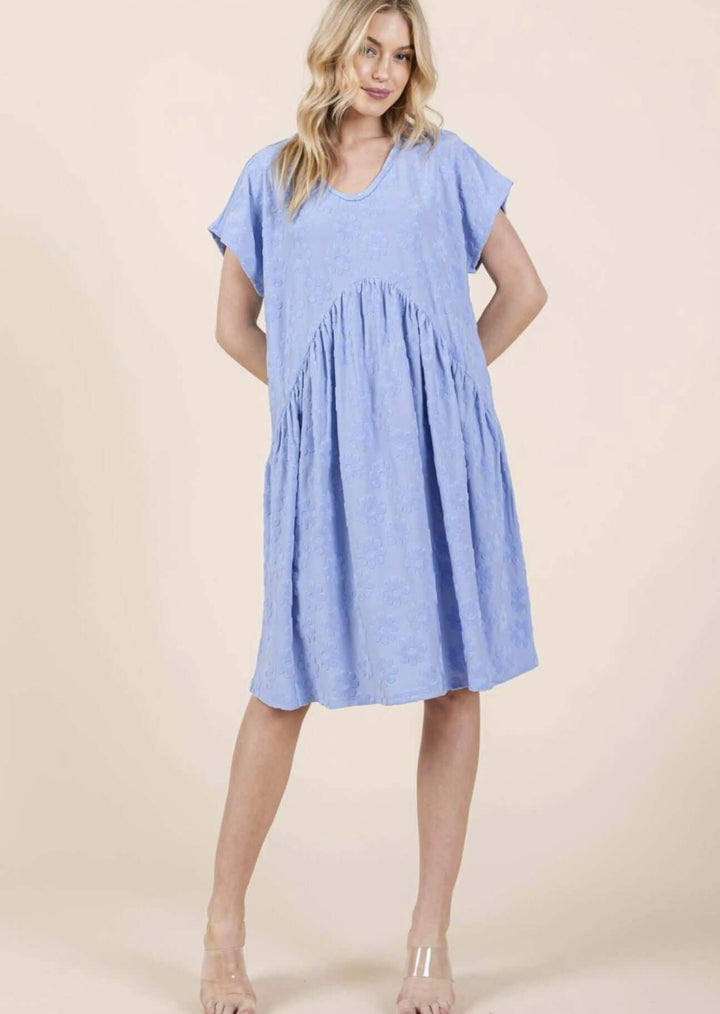 Made in USA Soft Textured Daisy Detail Dress, Above the Knee Length, Short Sleeves, Round Neckline, Soft Stretchy Material, Blue with Raised Daisy Texture Detail