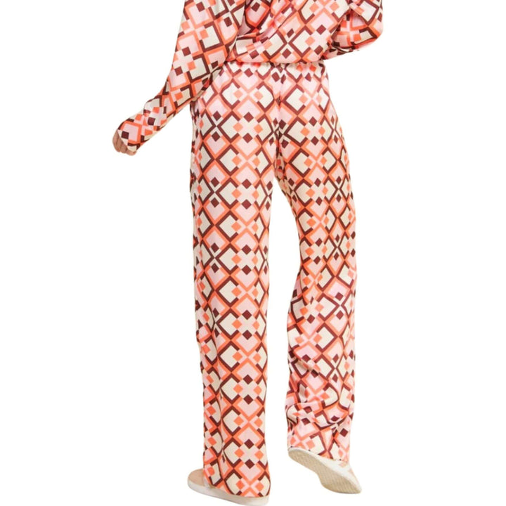 USA Made Ladies Pink Retro Pattern Satin Pants by If She Loves Style # ISP1235A | High Rise with Elastic Waist | Classy Cozy Cool Women's Made in America Clothing Boutique