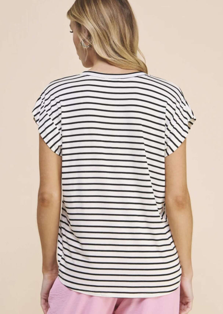 USA Made Women's Super Soft Striped V-Neck Relaxed Fit Tee in Black & White Stripes   | Classy Cozy Cool Made in America Clothing Boutique