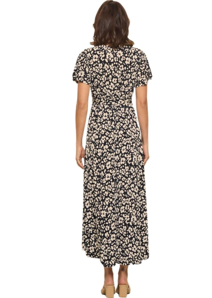 USA Made Ladies High Low Black & Tan Floral V-Neck Maxi Dress With Flutter Sleeves | Classy Cozy Cool Women's Made in America Boutique