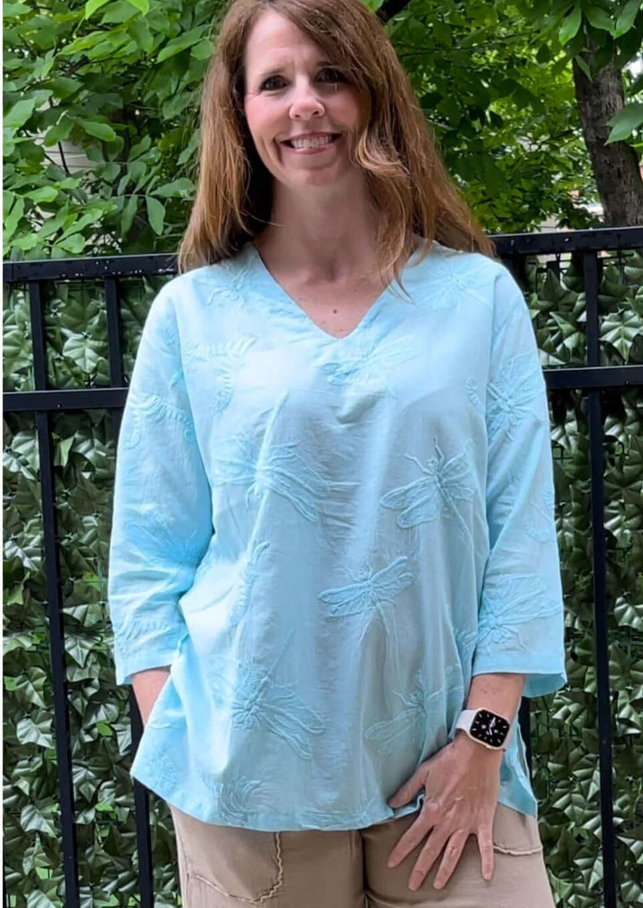 Made in USA Women's 100% Cotton Dragonfly Embroidered Lightweight V-Neck Top with 3/4 Sleeves in Aqua Blue | Classy Cozy Cool Women's Made in America Boutique