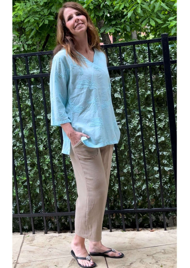 Made in USA Women's 100% Cotton Dragonfly Embroidered Lightweight V-Neck Top with 3/4 Sleeves in Aqua Blue | Classy Cozy Cool Women's Made in America Boutique