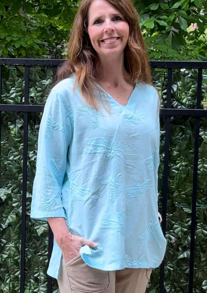 Made in USA Women's 100% Cotton Dragonfly Embroidered Lightweight V-Neck Top with 3/4 Sleeves in Aqua Blue | Classy Cozy Cool Women's Made in America Boutique