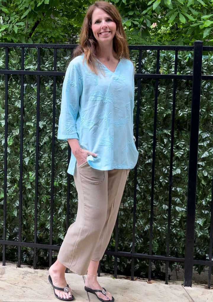 Made in USA Women's 100% Cotton Dragonfly Embroidered Lightweight V-Neck Top with 3/4 Sleeves in Aqua Blue | Classy Cozy Cool Women's Made in America Boutique
