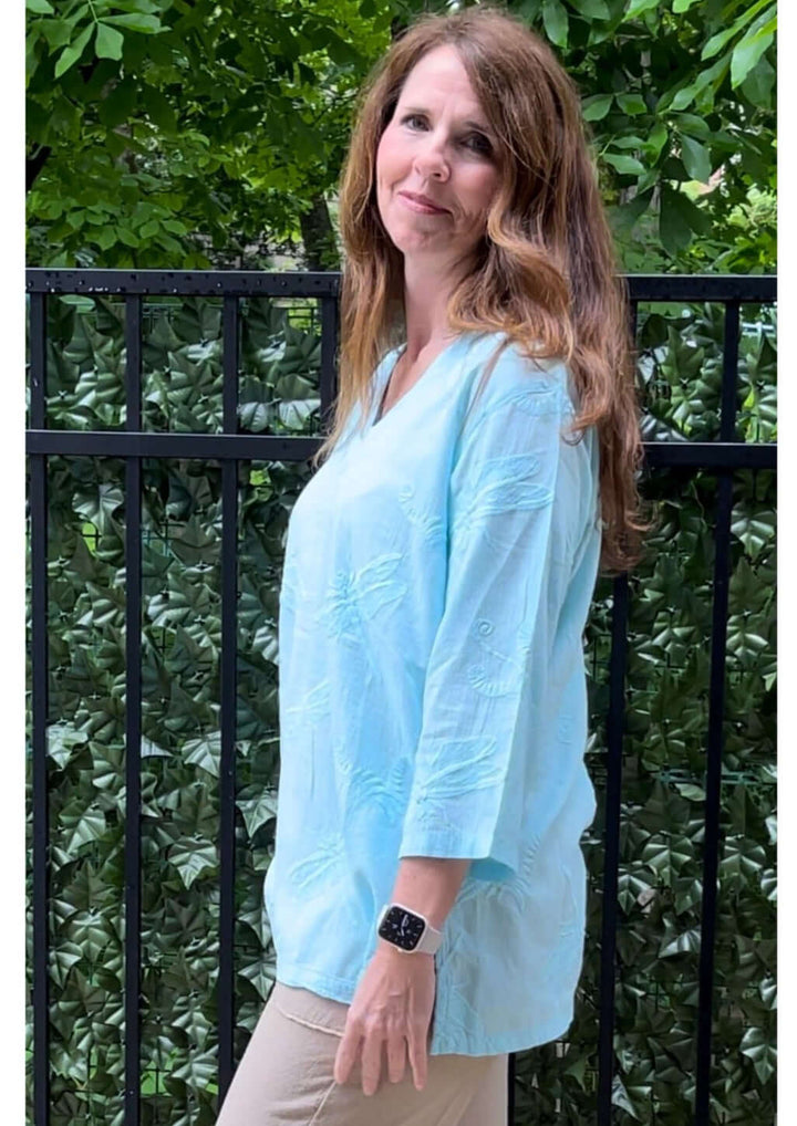Made in USA Women's 100% Cotton Dragonfly Embroidered Lightweight V-Neck Top with 3/4 Sleeves in Aqua Blue | Classy Cozy Cool Women's Made in America Boutique