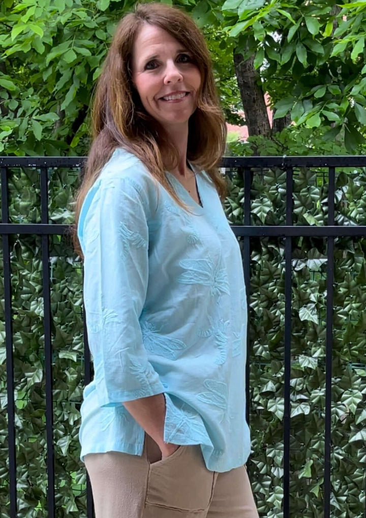 Made in USA Women's 100% Cotton Dragonfly Embroidered Lightweight V-Neck Top with 3/4 Sleeves in Aqua Blue | Classy Cozy Cool Women's Made in America Boutique