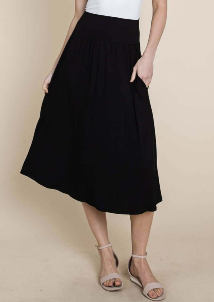 Made in USA Women's Casual Pull-on Midi Length Comfortable Lightweight Skirt with Side Pockets in Black | Classy Cozy Cool Women's Made in America Boutique