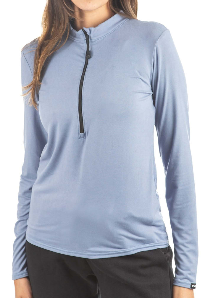 Made in USA WSI Sportswear Women's Oasis Long Sleeve 1/2 Zip SoftTECH™ Pullover in Light Blue, Machine wash, Advanced wicking properties, anti-microbial properties, UV Protection