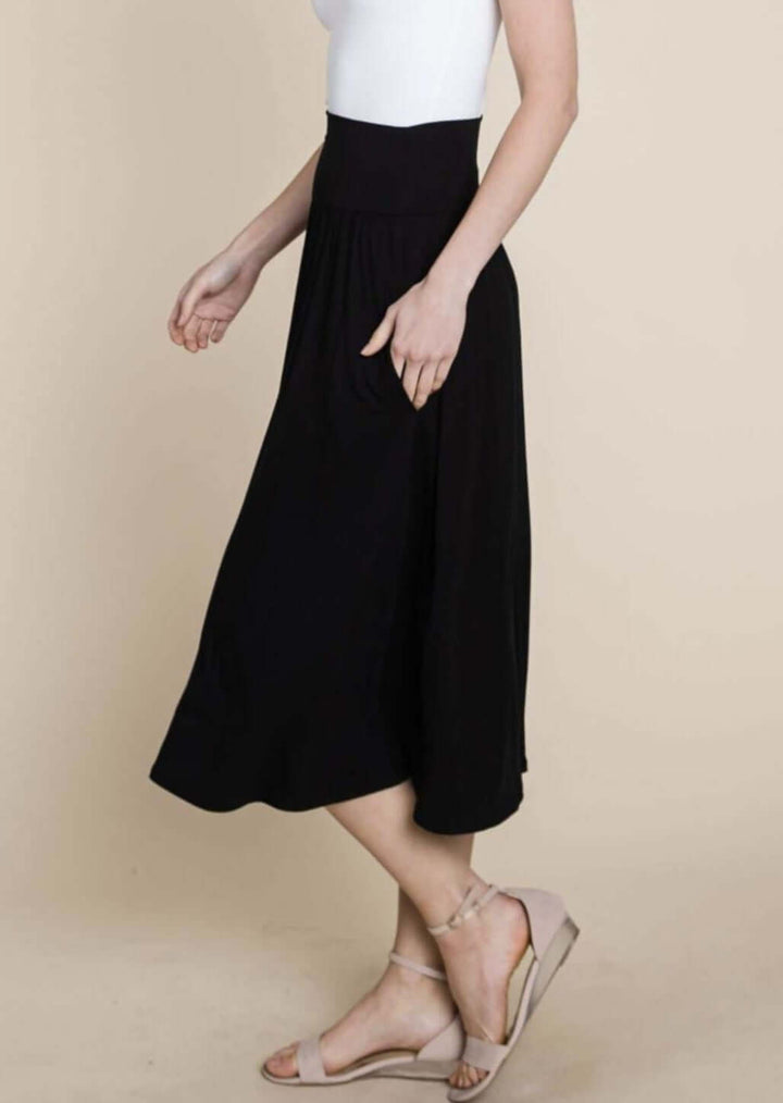 Made in USA Women's Casual Pull-on Midi Length Comfortable Lightweight Skirt with Side Pockets in Black | Classy Cozy Cool Women's Made in America Boutique