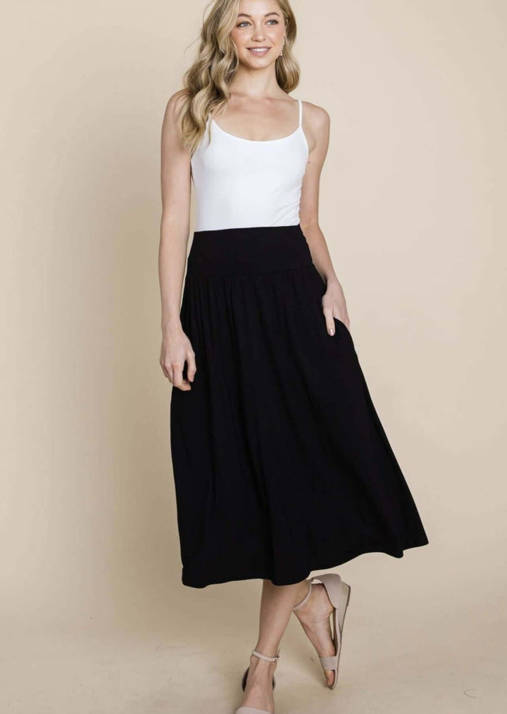 Made in USA Women's Casual Pull-on Midi Length Comfortable Lightweight Skirt with Side Pockets in Black | Classy Cozy Cool Women's Made in America Boutique