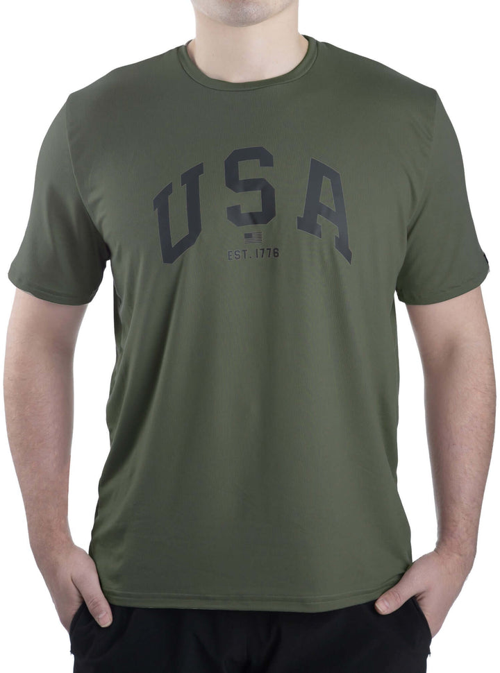 Made in USA. WSI Sportswear Men’s Patriotic USA Graphic SoftTECH™ Tee.  Lightweight, Moisture Wicking, in Dark Olive or Stone