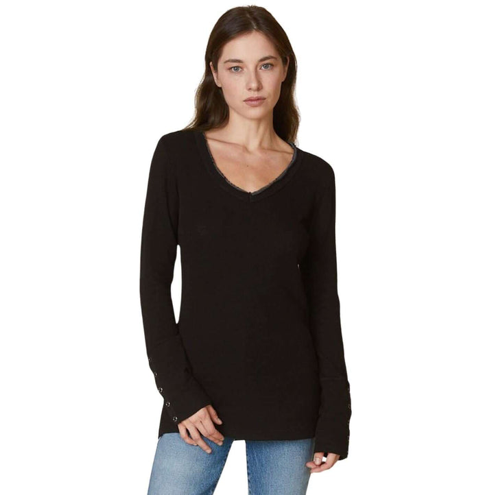 USA Made Women's Fitted Thermal Double Layer Cotton Raw Edge Long Sleeve Top With Snap Button Cuffs in Black | Classy Cozy Cool Women's Made in America Clothing Boutique
