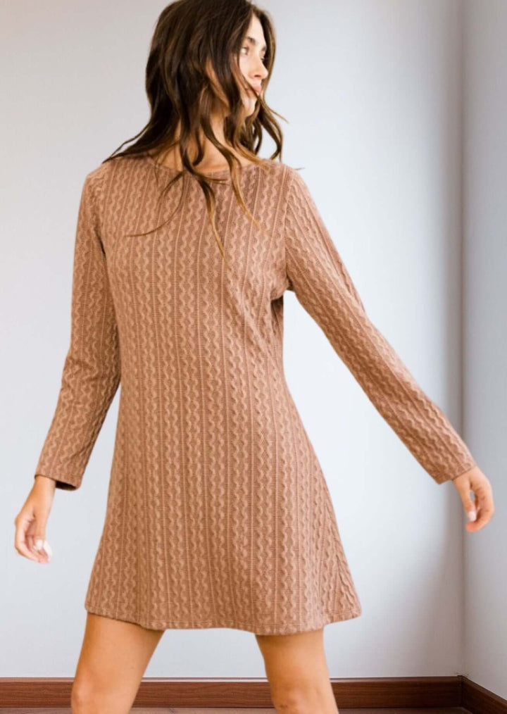 Bucket List Clothing Style# D4179 |  Women's Long Sleeve A-Line Sweater Tunic Dress in Camel | Classy Cozy Cool Women's Made in America Boutique