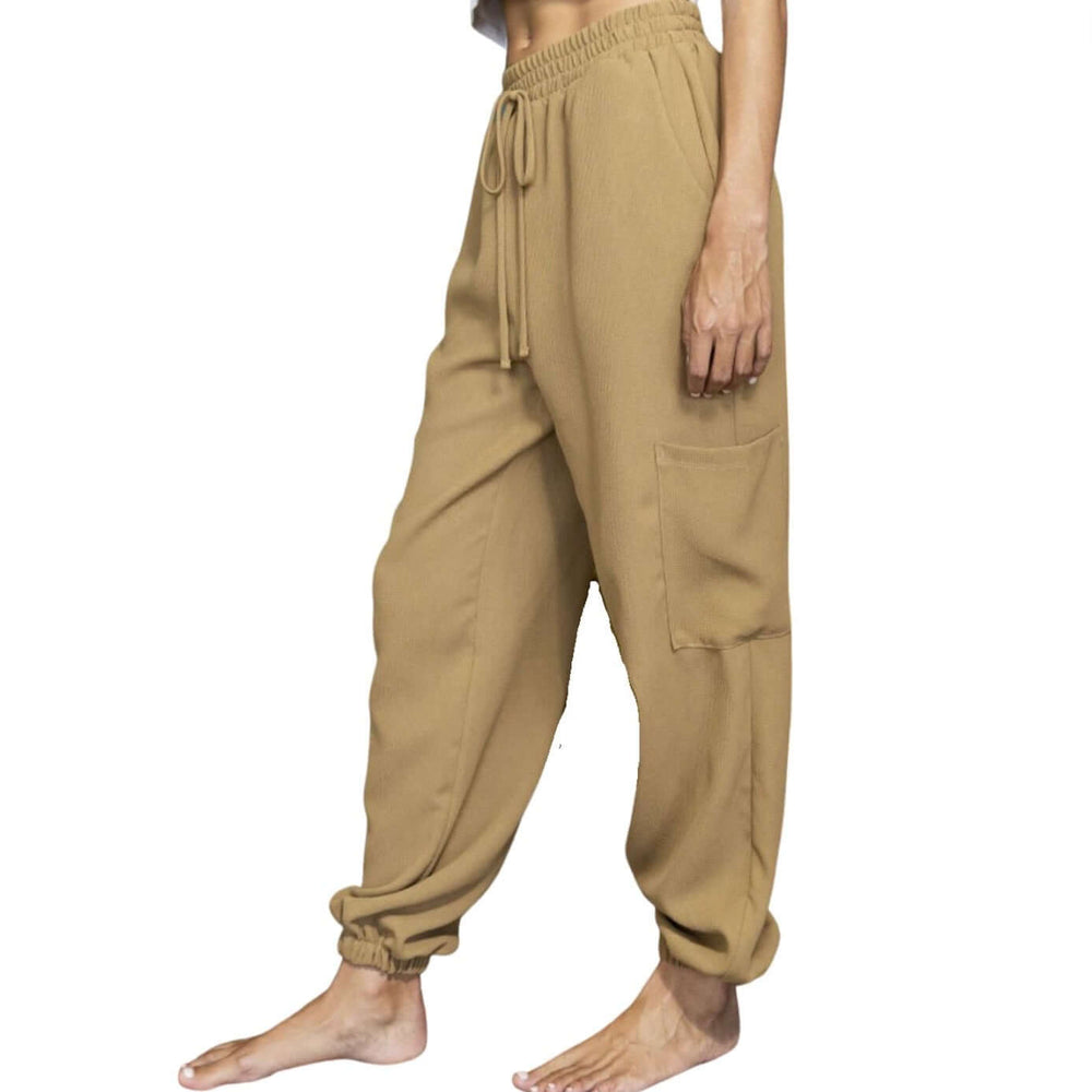Bucket List Clothing Style# P5311 | Textured Relaxed Fit Cotton Knit Fashion Cargo Joggers in Khaki | Made in USA | Classy Cozy Cool Women's Made in America Clothing Boutique