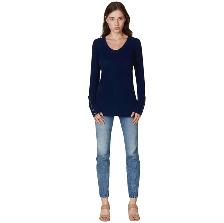 USA Made Women's Fitted Thermal Double Layer Cotton Raw Edge Long Sleeve Top With Snap Button Cuffs in Navy | Classy Cozy Cool Women's Made in America Clothing Boutique