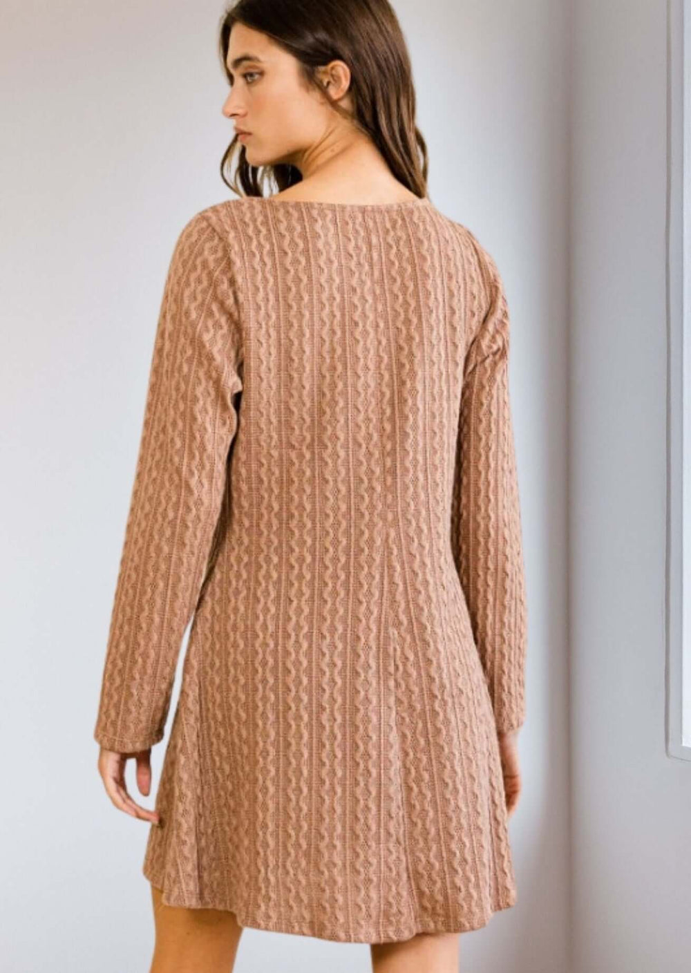 Bucket List Clothing Style# D4179 |  Women's Long Sleeve A-Line Sweater Tunic Dress in Camel | Classy Cozy Cool Women's Made in America Boutique