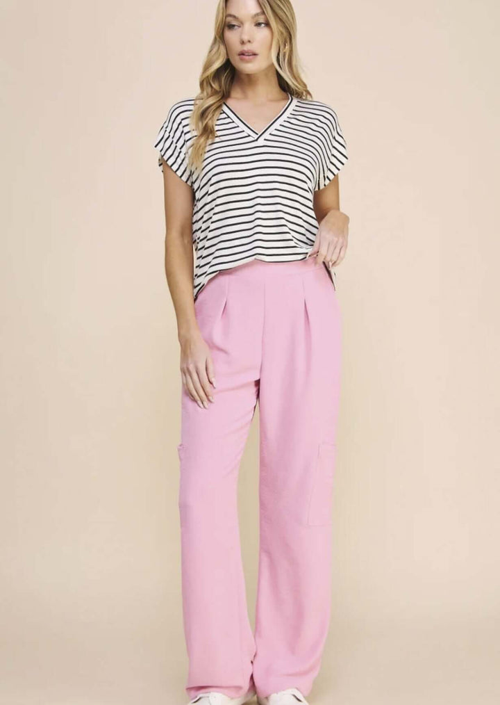 USA Made Women's Super Soft Striped V-Neck Relaxed Fit Tee in Black & White Stripes   | Classy Cozy Cool Made in America Clothing Boutique