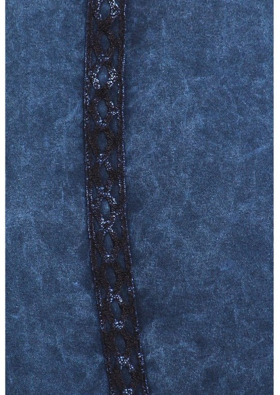 Chatoyant Mineral Washed Plus Size Capri Leggings with Crochet Lace Side Stripe in Dark Denim | Style# P30342 | Made in USA | Classy Cozy Cool American Boutique