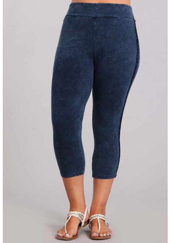 Chatoyant Mineral Washed Plus Size Capri Leggings with Crochet Lace Side Stripe in Dark Denim | Style# P30342 | Made in USA | Classy Cozy Cool American Boutique