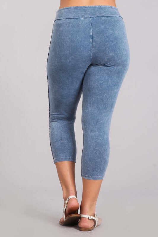 Plus Size Back View Chatoyant Mineral Washed Capri Leggings with Crochet Lace Side Stripe | Style# P30342 | Made in USA with USA Made Fabric | Classy Cozy Cool American Boutique