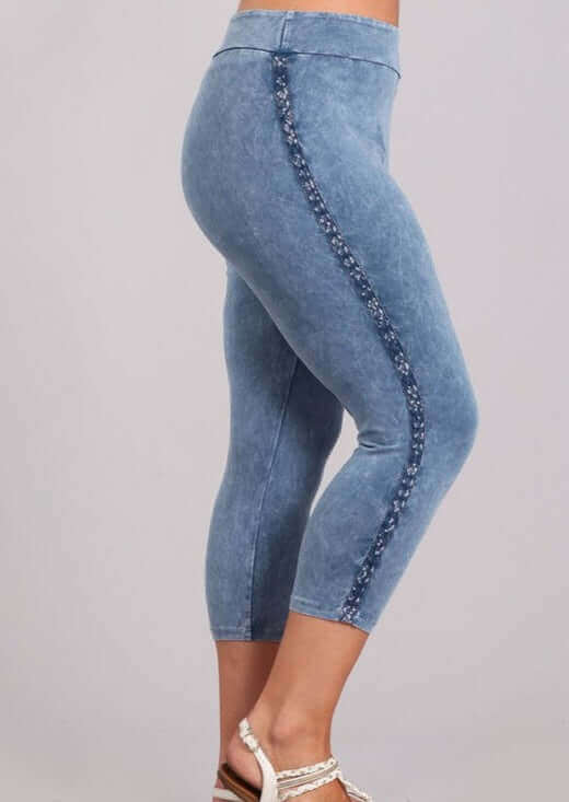 Plus Size Chatoyant Mineral Washed Capri Leggings with Crochet Lace Side Stripe | Style# P30342 | Made in USA with USA Made Fabric | Classy Cozy Cool American Boutique