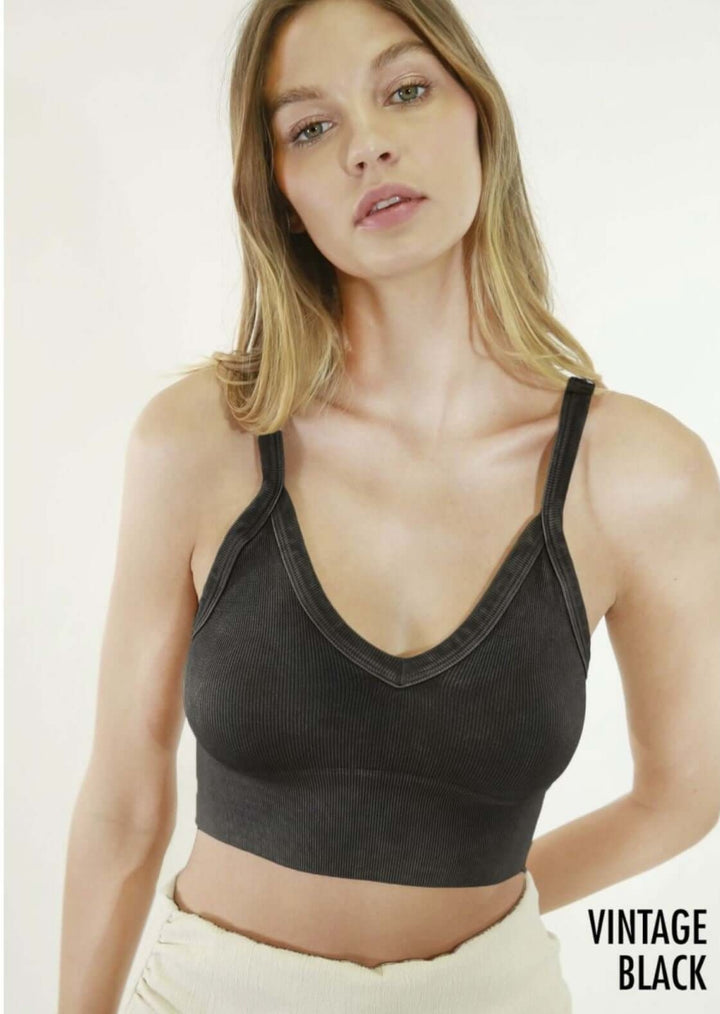 Niki Biki Ladies Fitted Vintage V-Neck Ribbed Bra Top Style NS8187  in Vintage Black | Made in USA | Classy Cozy Cool Women's Made in America Boutique