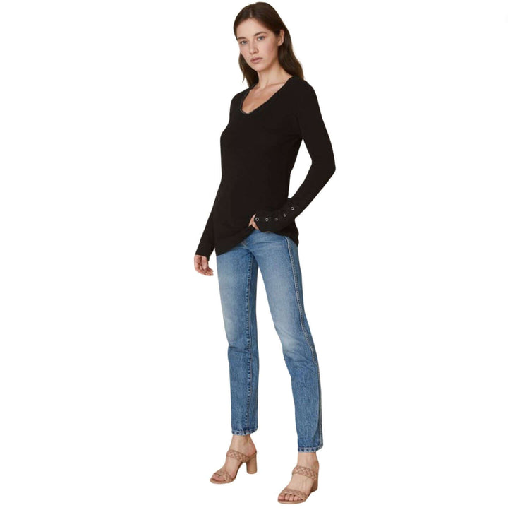 USA Made Women's Fitted Thermal Double Layer Cotton Raw Edge Long Sleeve Top With Snap Button Cuffs in Black | Classy Cozy Cool Women's Made in America Clothing Boutique