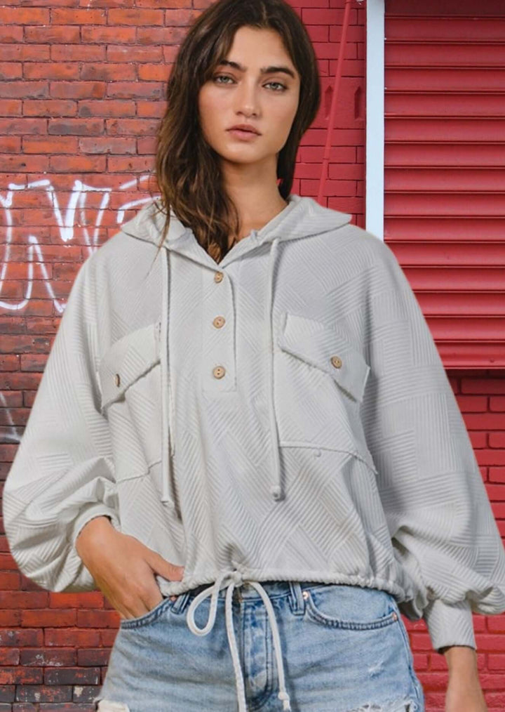 Made in USA Women's Textured Knit Hoodie with Draw string for Hood & at Waist, Button up Collar, Exaggerated Chest Pockets | Bucket List Clothing Style T1890