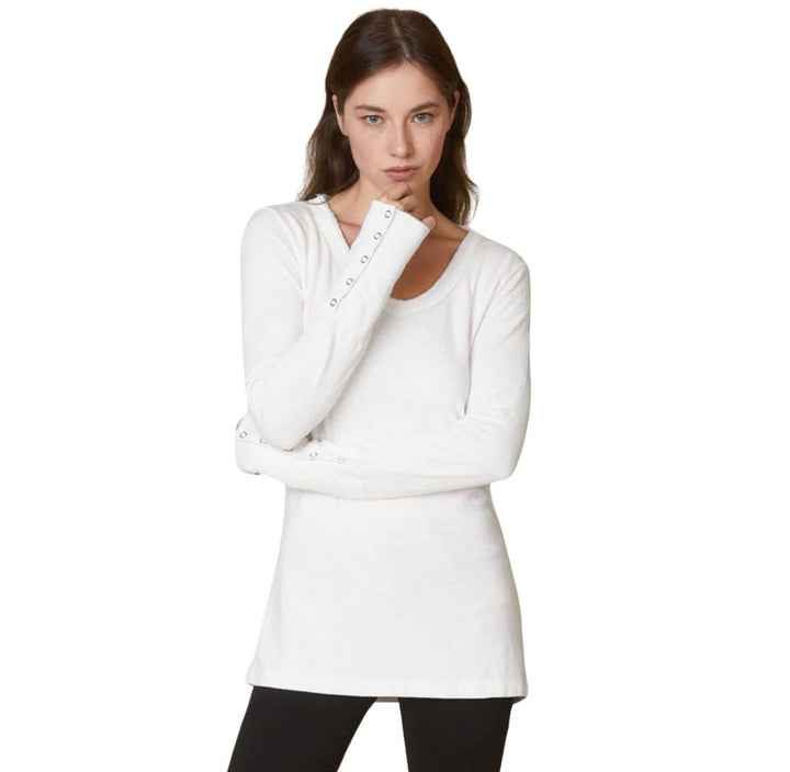 USA Made Women's Fitted Thermal Double Layer Cotton Raw Edge Long Sleeve Top With Snap Button Cuffs in White | Classy Cozy Cool Women's Made in America Clothing Boutique
