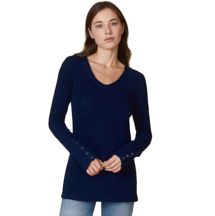 USA Made Women's Fitted Thermal Double Layer Cotton Raw Edge Long Sleeve Top With Snap Button Cuffs in Navy | Classy Cozy Cool Women's Made in America Clothing Boutique