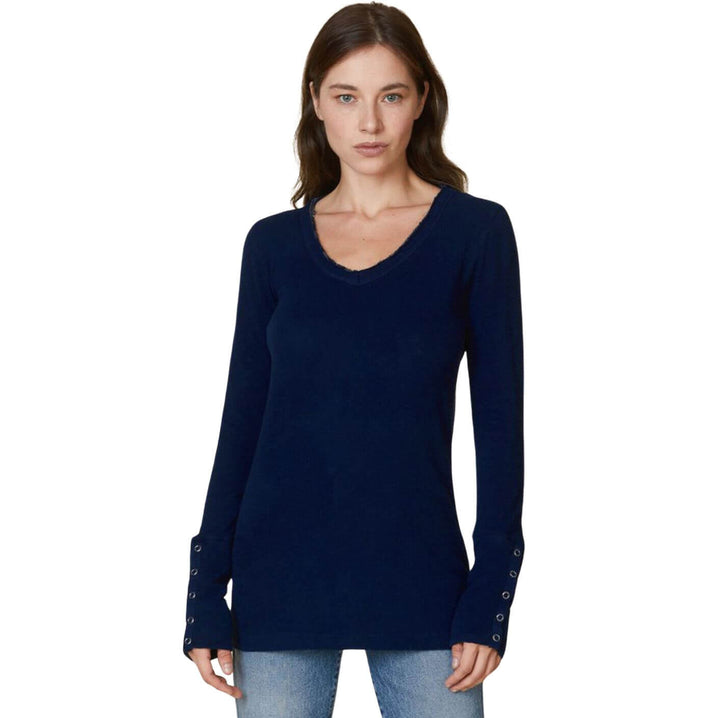 USA Made Women's Fitted Thermal Double Layer Cotton Raw Edge Long Sleeve Top With Snap Button Cuffs in Navy | Classy Cozy Cool Women's Made in America Clothing Boutique