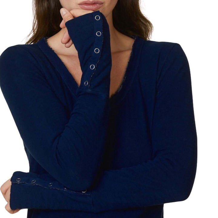 USA Made Women's Fitted Thermal Double Layer Cotton Raw Edge Long Sleeve Top With Snap Button Cuffs in Navy | Classy Cozy Cool Women's Made in America Clothing Boutique