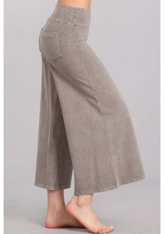 Ladies Super Soft Mineral Washed Gaucho Pants in Taupe | Made in USA | Chatoyant Style# C30458 | Classy Cozy Cool Women's Made in America Boutique