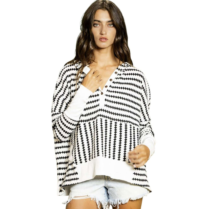 USA Made Women's Soft & Cozy Striped Yarn Dyed Knitted Oversized Hoodie with Kangaroo Pocket in Black & White | Bucket List Clothing Style T1756D