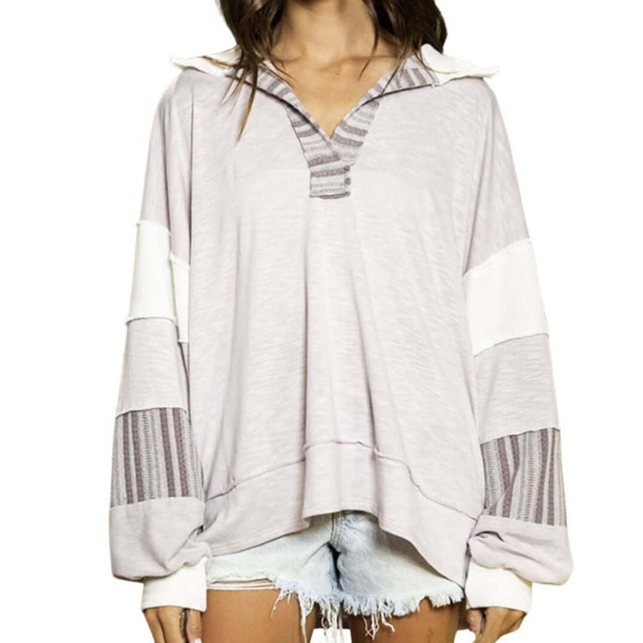 Brand: Bucket List Style# T2004 | Oversized Ladies French Terry Color Block Sweatshirt with Collar in Lavender & Off White | Made in USA