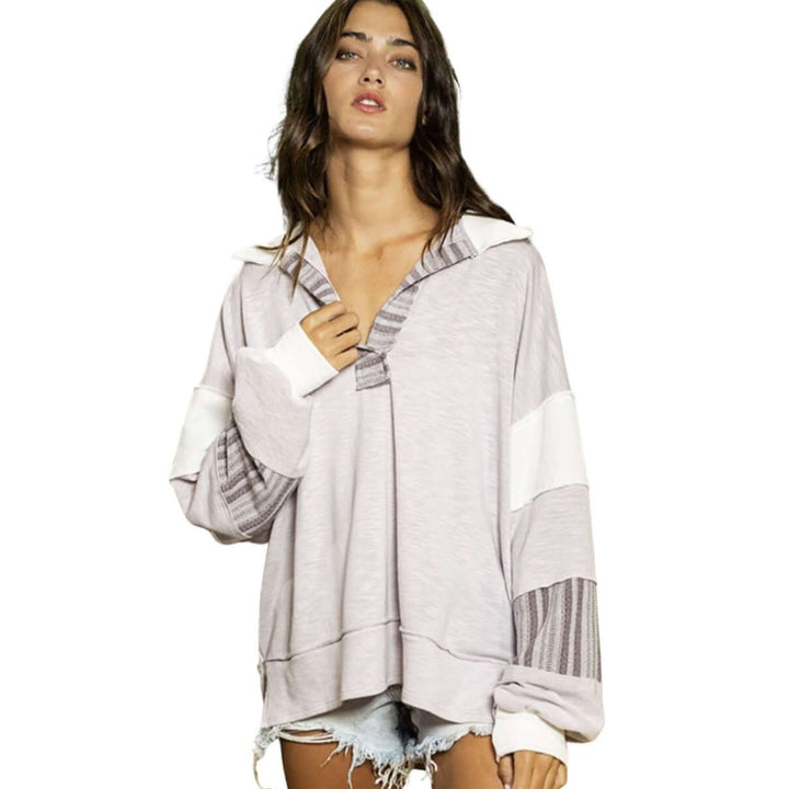 Brand: Bucket List Style# T2004 | Oversized Ladies French Terry Color Block Sweatshirt with Collar in Lavender & Off White | Made in USA