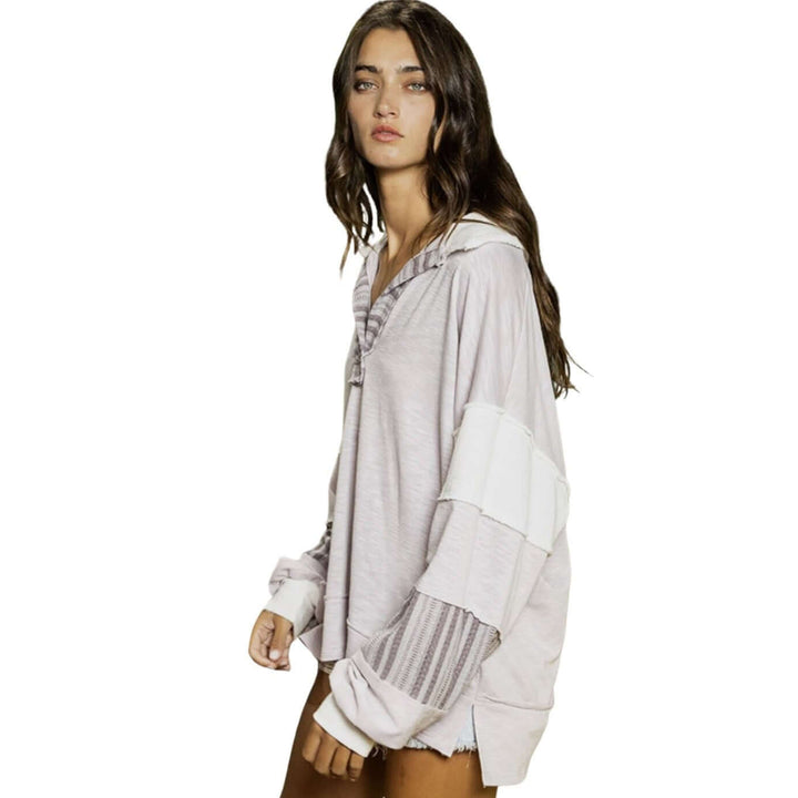 Brand: Bucket List Style# T2004 | Oversized Ladies French Terry Color Block Sweatshirt with Collar in Lavender & Off White | Made in USA