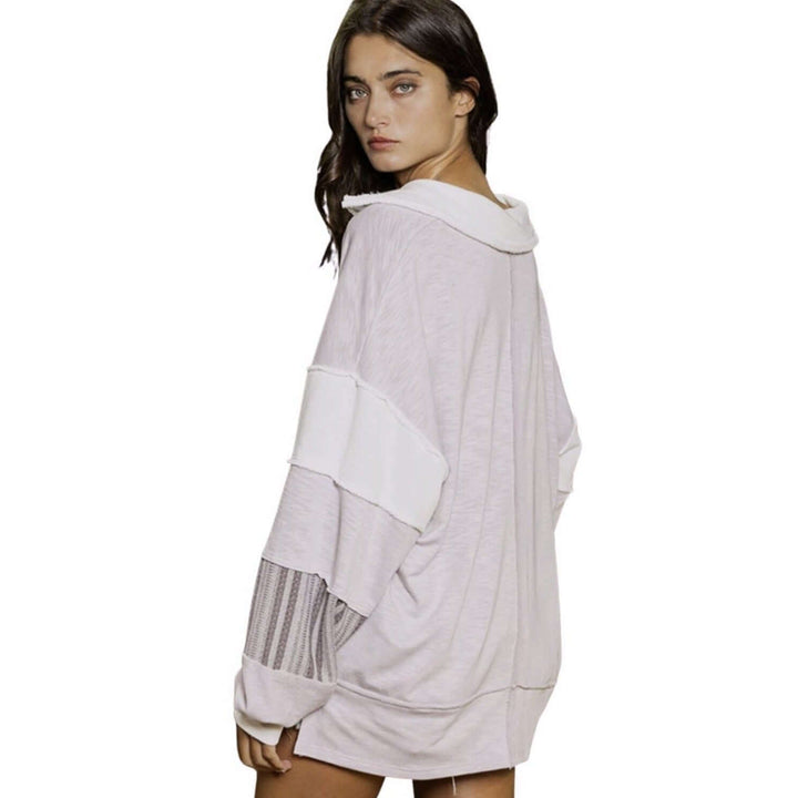 Brand: Bucket List Style# T2004 | Oversized Ladies French Terry Color Block Sweatshirt with Collar in Lavender & Off White | Made in USA