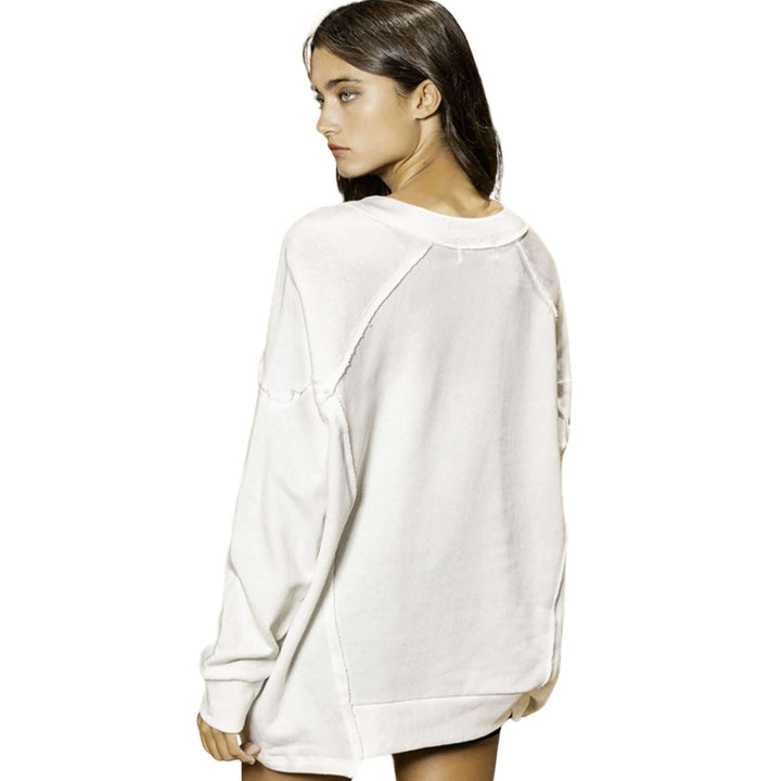USA Made Women's Oversized Drop Shoulder Cut Out Hem Sweatshirt with Raw Edge Detail in White | Bucket List Clothing Style T2060 | Classy Cozy Cool Made in America Boutique
