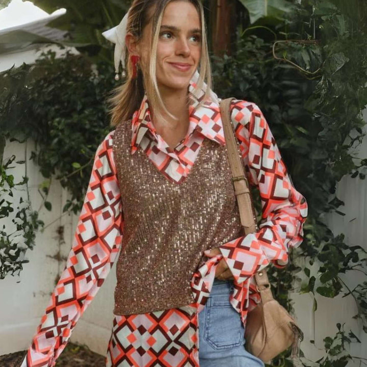 USA Made Ladies Pink Retro Pattern Button Down Satin Top by If She Loves Style # ISJK1250 | Classy Cozy Cool Women's Made in America Clothing Boutique