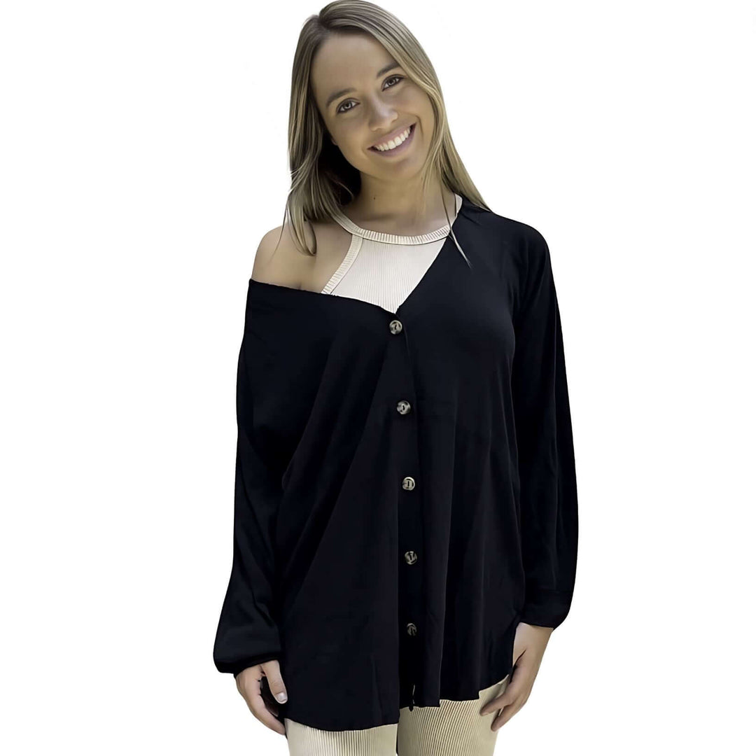 USA Made Women's Long Line Slouchy Cotton & Modal Lightweight Cardigan in Black | Classy Cozy Cool Ladies Made in America Clothing Boutique