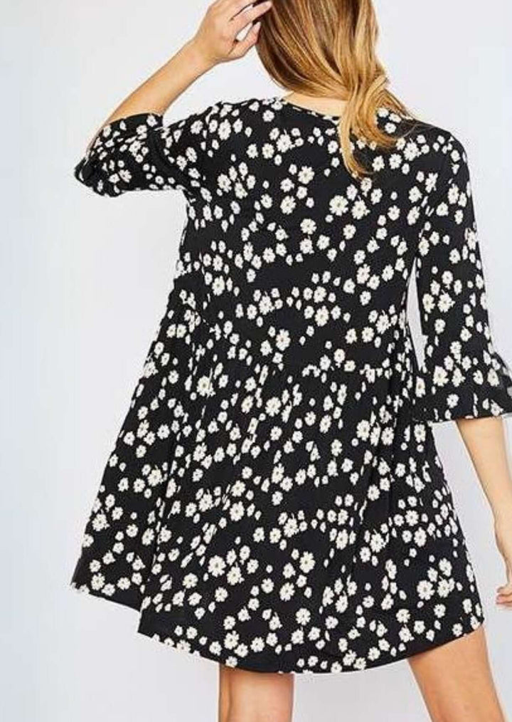 Women's Jersey Stretch Black Daisy Print V-Neck Baby Doll Cut Mini Dress | Made in USA | Classy Cozy Cool Women's Made in America Boutique