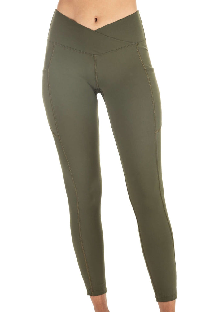Made in USA WSI Sportswear Women's Motion Cross Over Pocketed Legging for Workout or Yoga in Olive Green